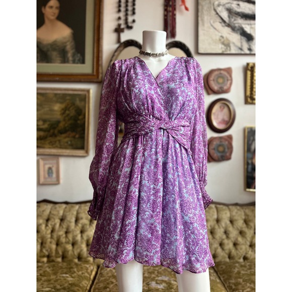 AMUR Twist-Front Dress Purple/Blue Printed Silk Chiffon Floral Dress Size 4 - Picture 4 of 11